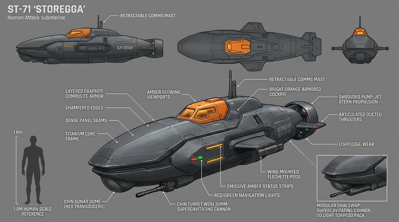 Concept sheet of the human attack submarine: graphite armour, orange cockpit capsule, chin cannon, 1.8 m human for scale.