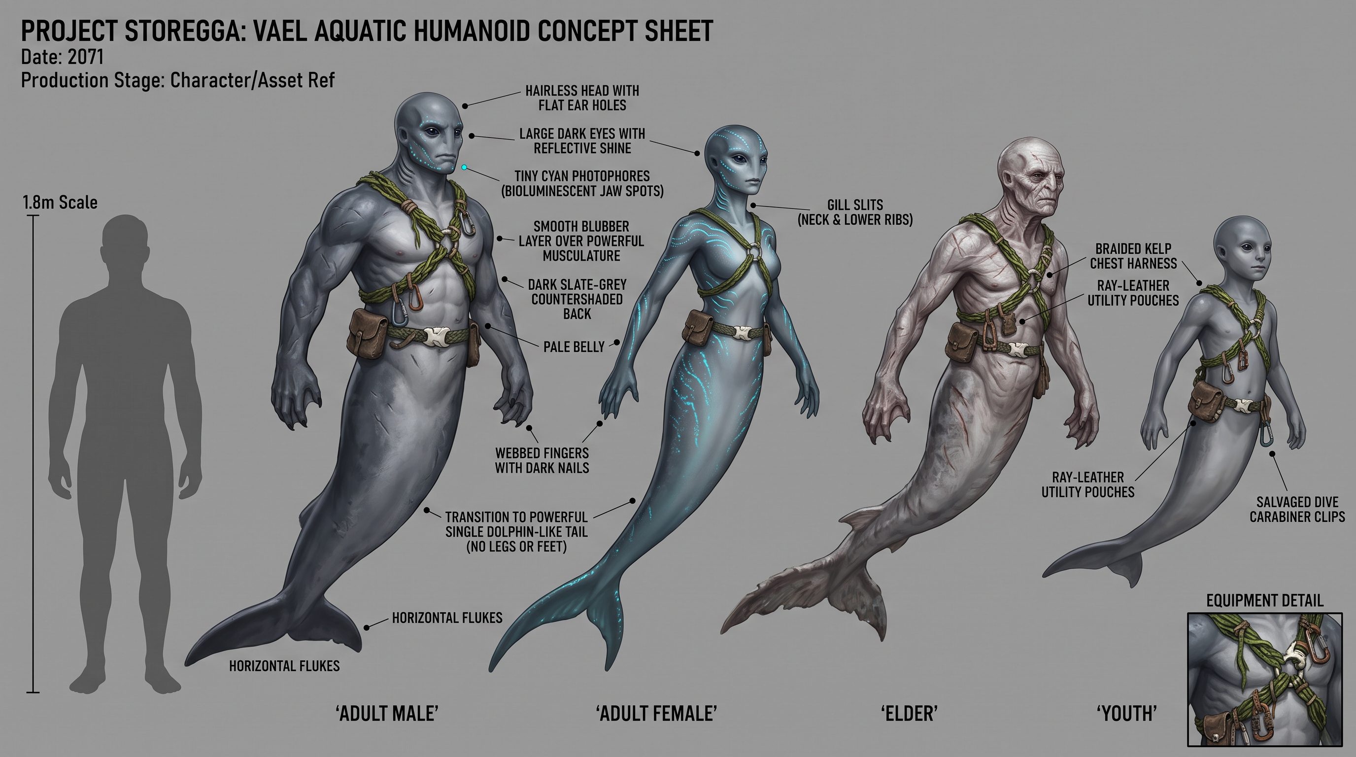 Concept sheet of the Vael: adult male, adult female, elder and youth, countershaded slate-grey skin, horizontal tail flukes, braided kelp harnesses.