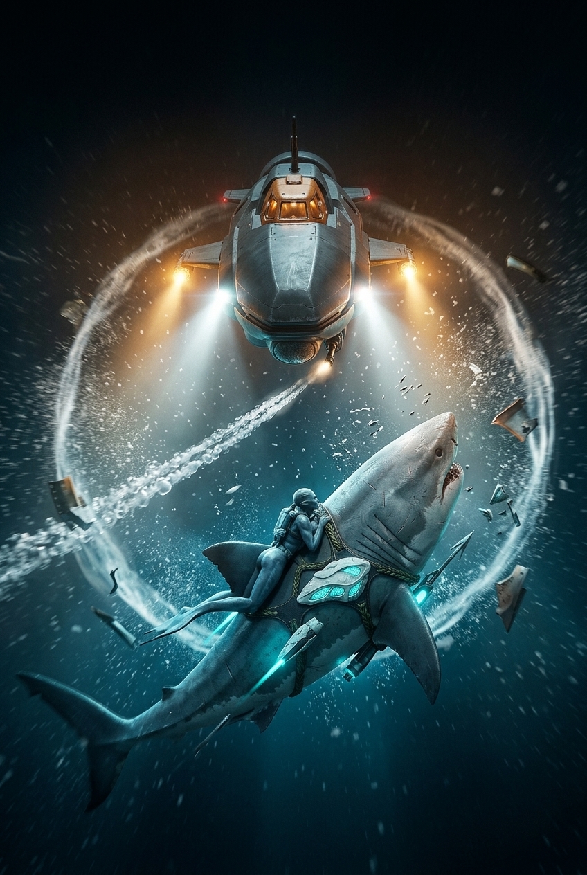 Line War key art: a human submarine with amber floodlights fires on a Vael shark rider inside a ring of churning water.