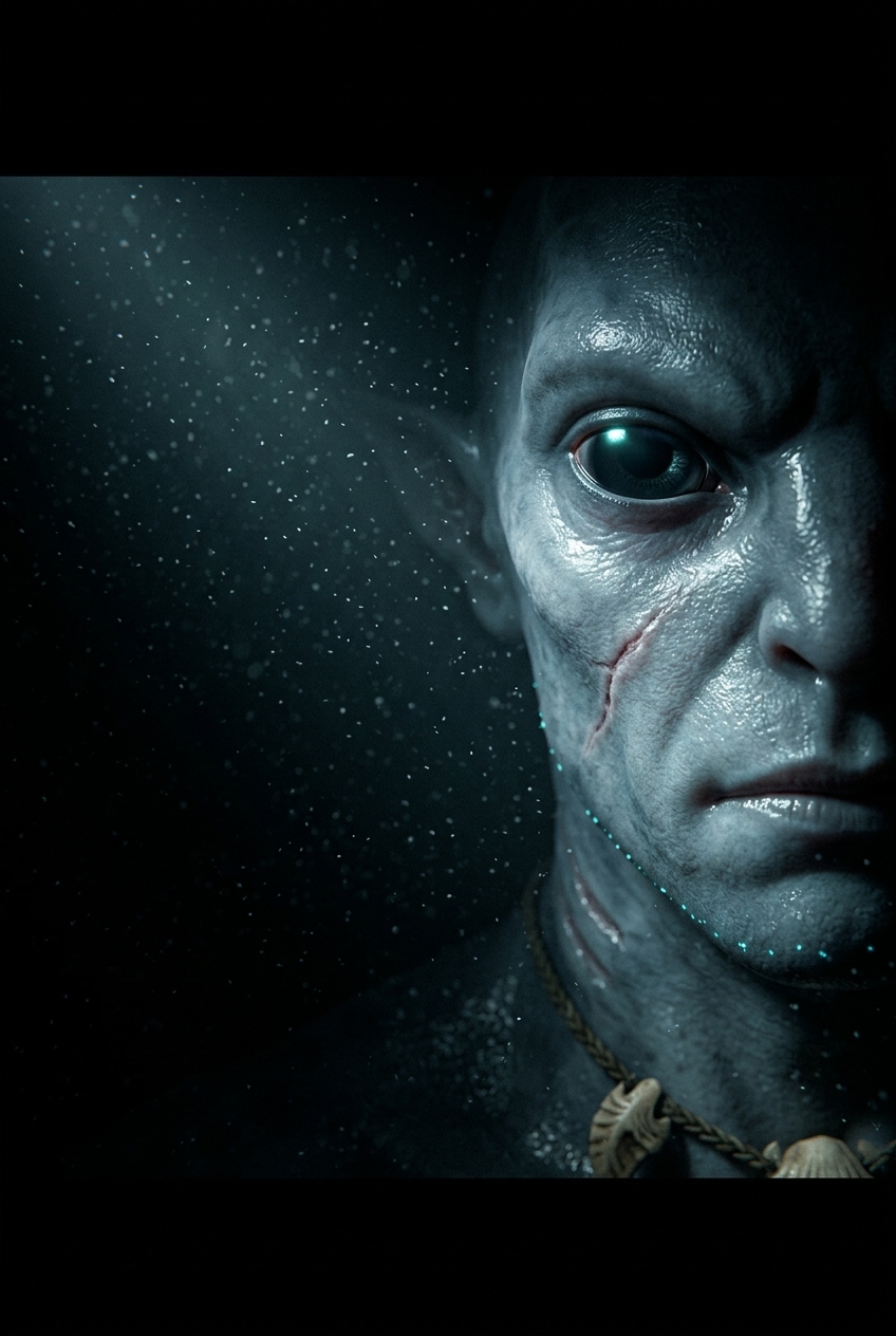 Close portrait of a Vael: slate-grey skin, a large dark eye catching the light, a scar across the cheek, cyan photophores along the jaw.