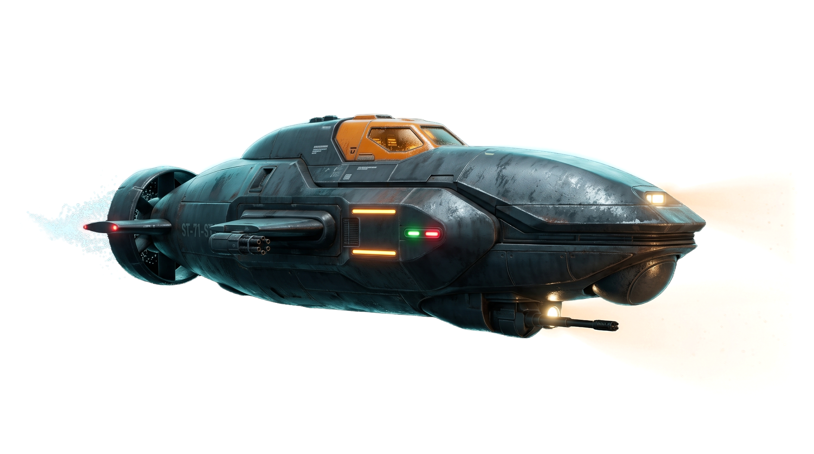 Two-seat attack submarine, floodlights on, chin cannon forward.