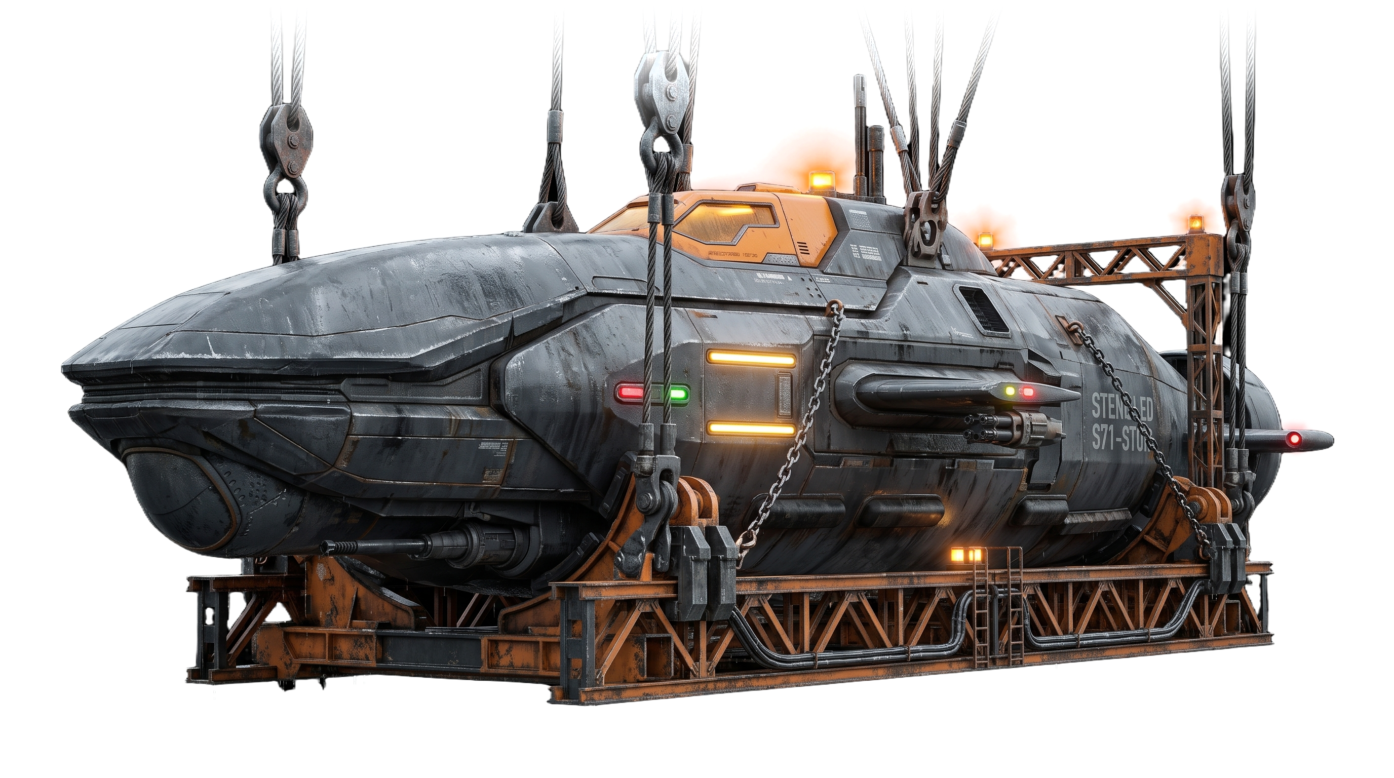 Attack submarine hanging in an orange crane cradle.