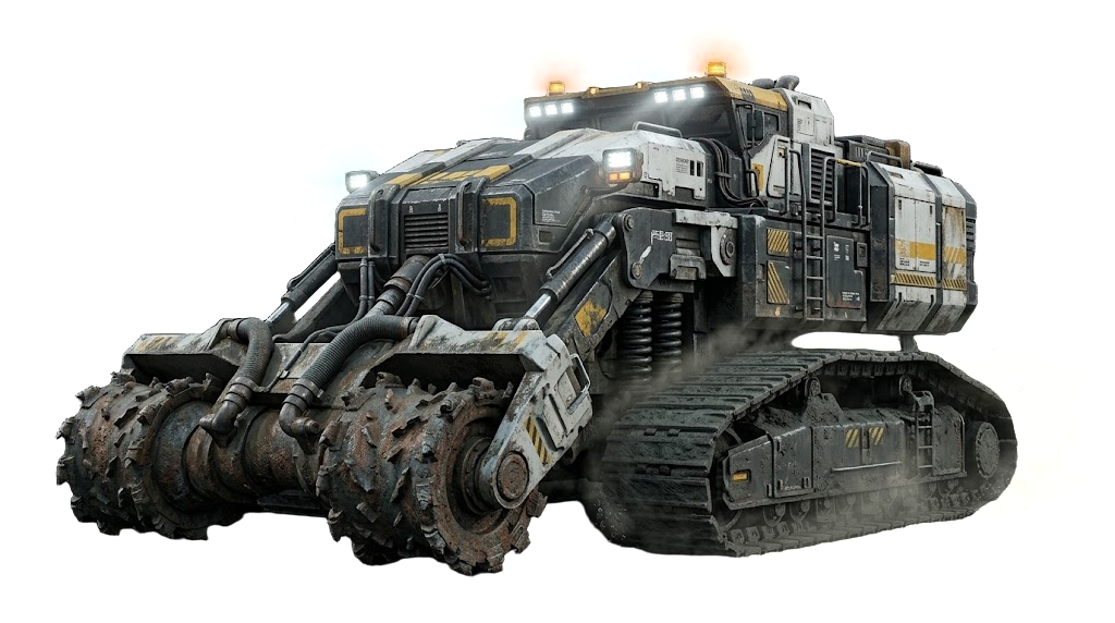 A deep-sea mining crawler on the abyssal floor, floodlights on.