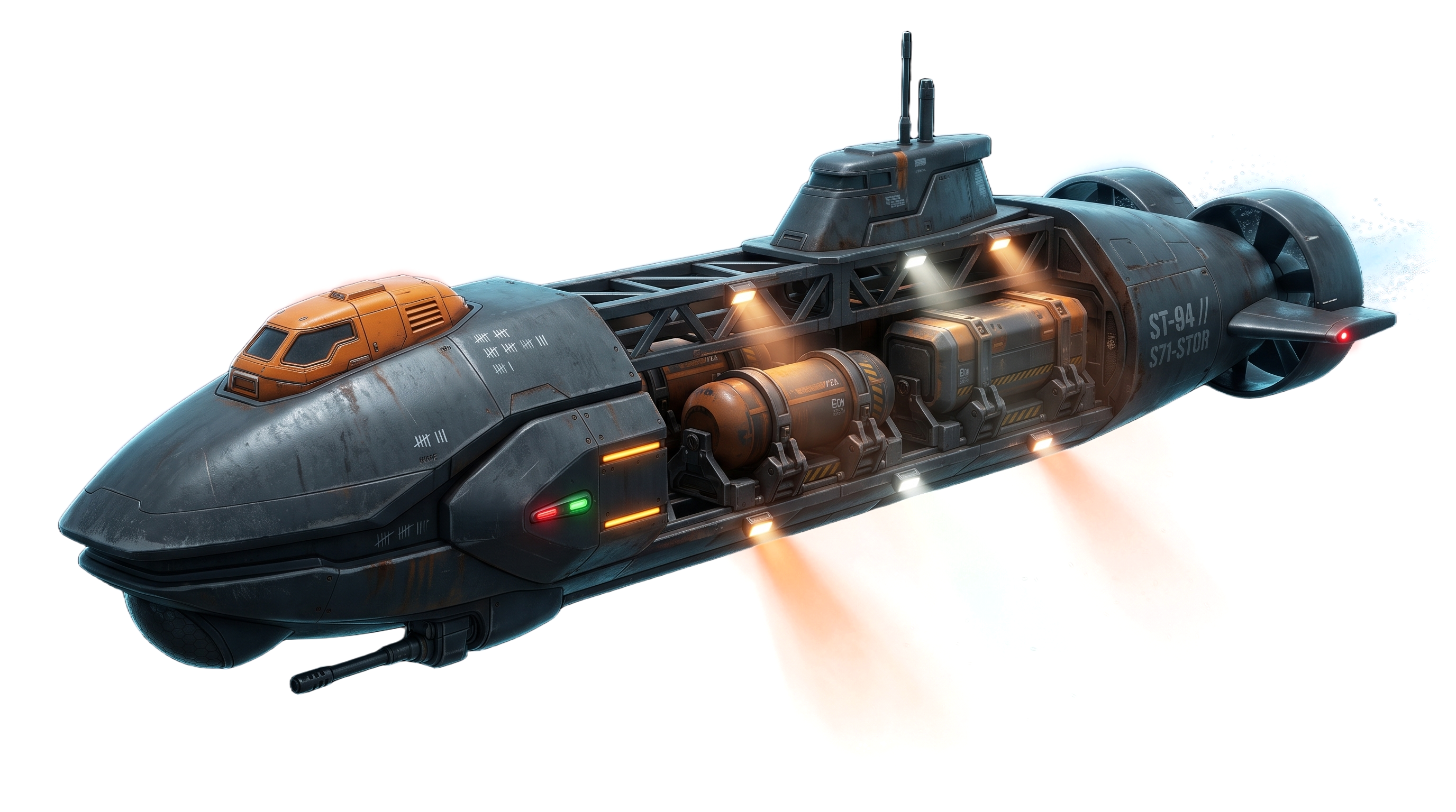 Long hauler submarine with an open cargo truss carrying tanks and containers.