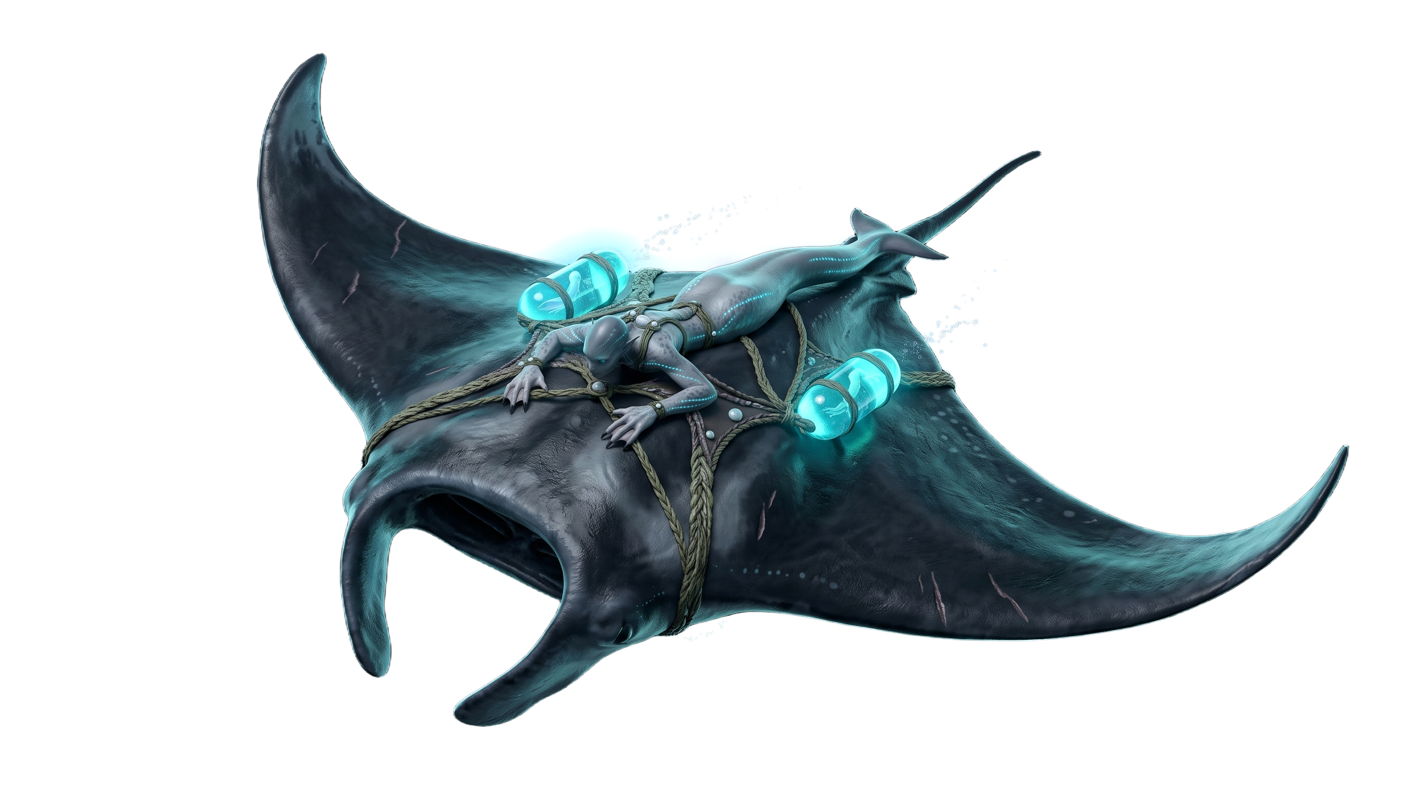 Vael healer lying on a manta ray with glowing symbiont capsules.