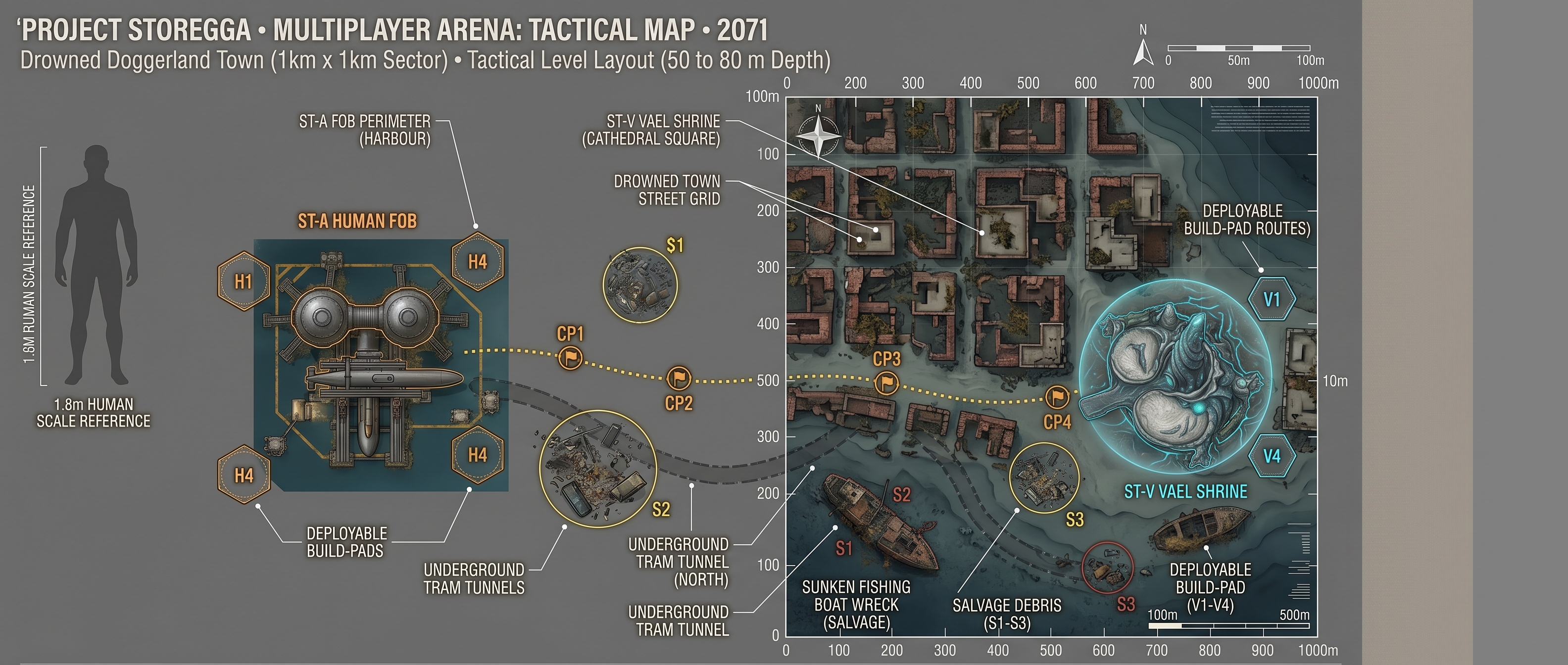 Tactical map of the drowned Doggerland town arena: human forward base in the harbour, Vael shrine on cathedral square, tram tunnels between them.