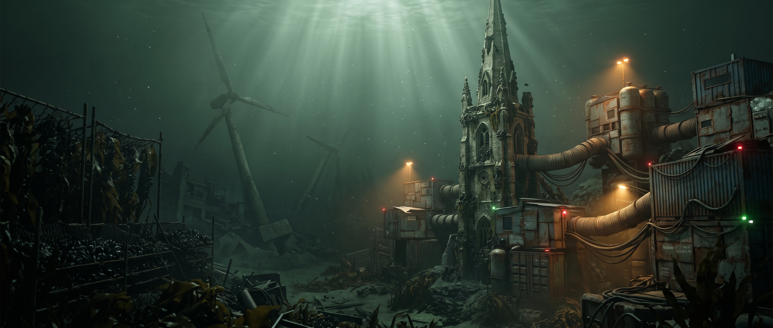 Sunlight shafts falling on a drowned church spire, sunken wind turbines and a patched habitat of stacked containers and hoses.