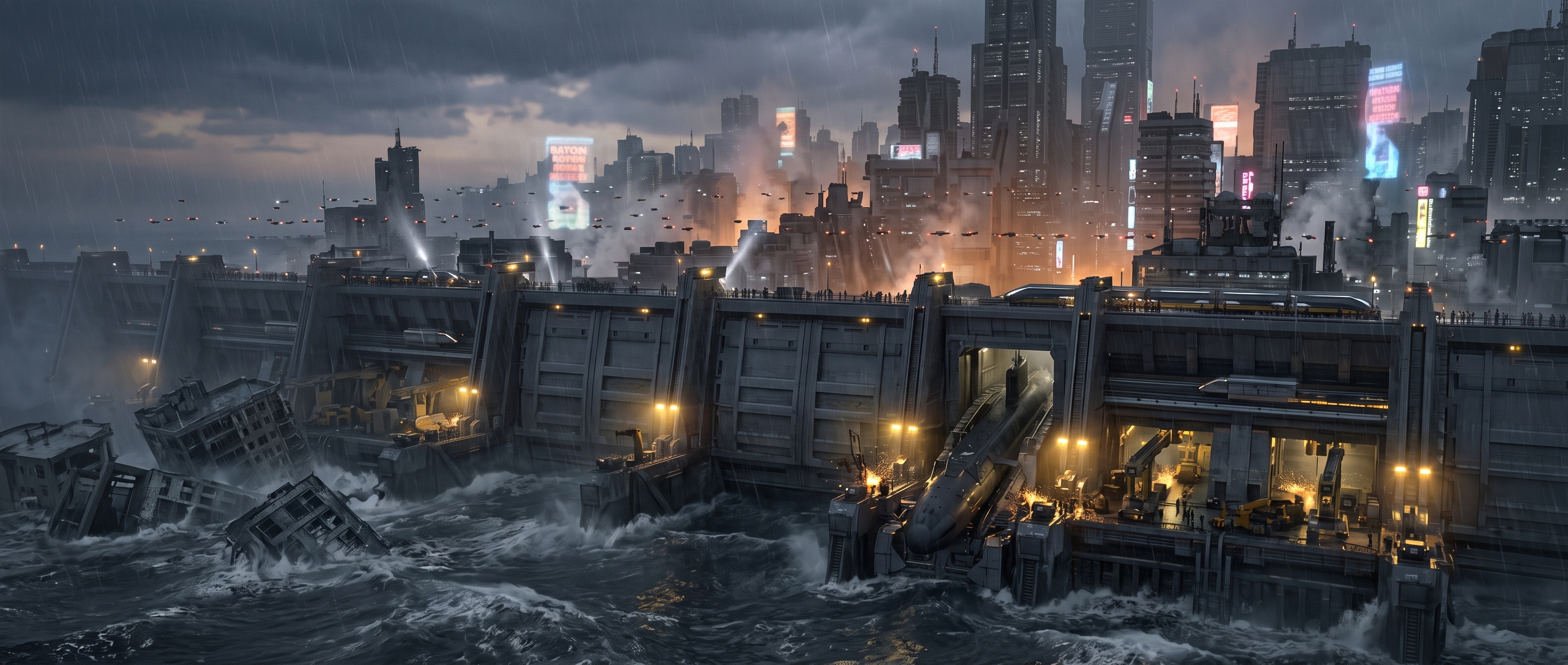 A rain-lashed sea wall in front of an overcrowded coastal megacity at dusk, a submarine in a lit cradle dock.