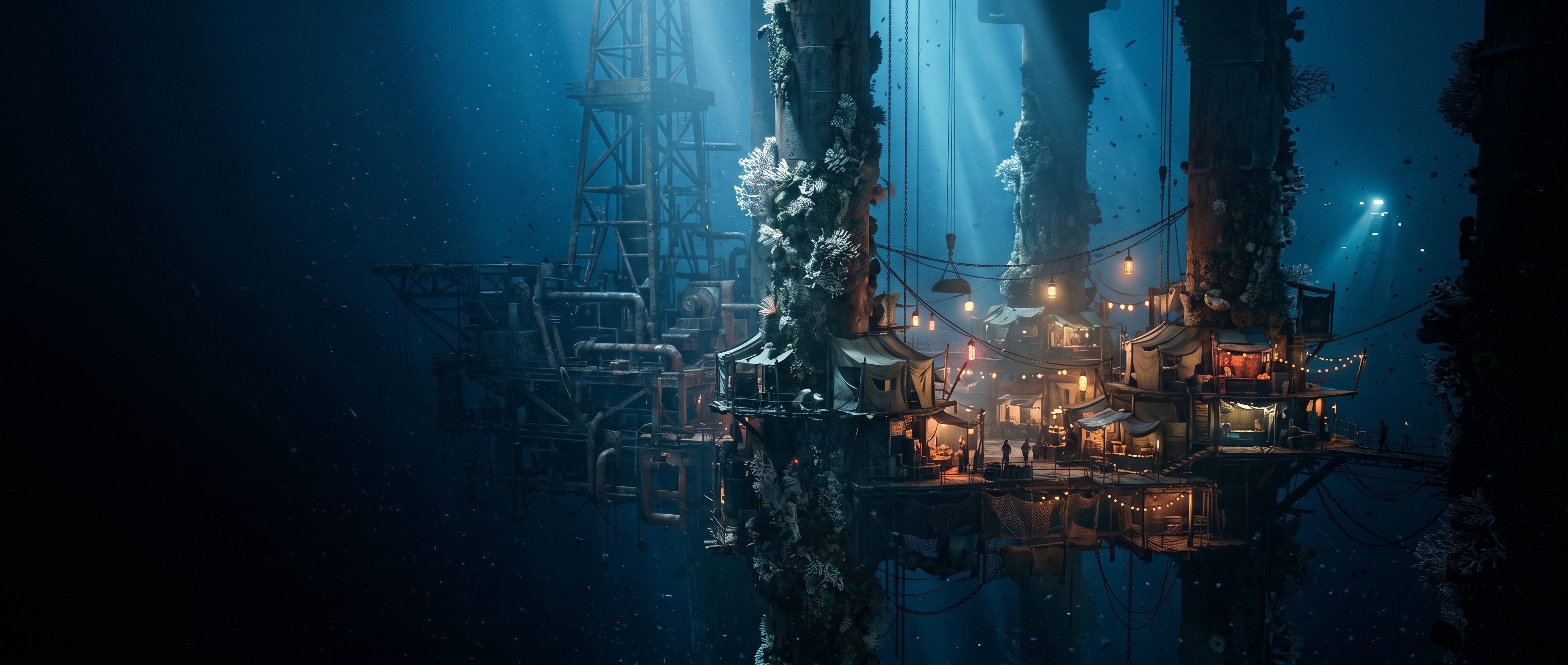 A lamp-lit trading market of tents and walkways built around the legs of a sunken oil platform.